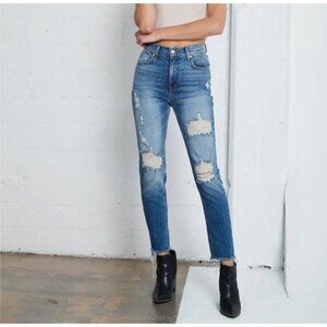 NWT Revice Denim High Rise Women's Jeans Distressed Raw Hem Medium Wash